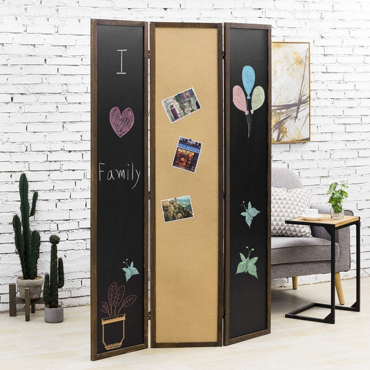 3 Panel Double-Sided Chalkboard, Cork Board Room Divider with Rustic Brown Wood Frame