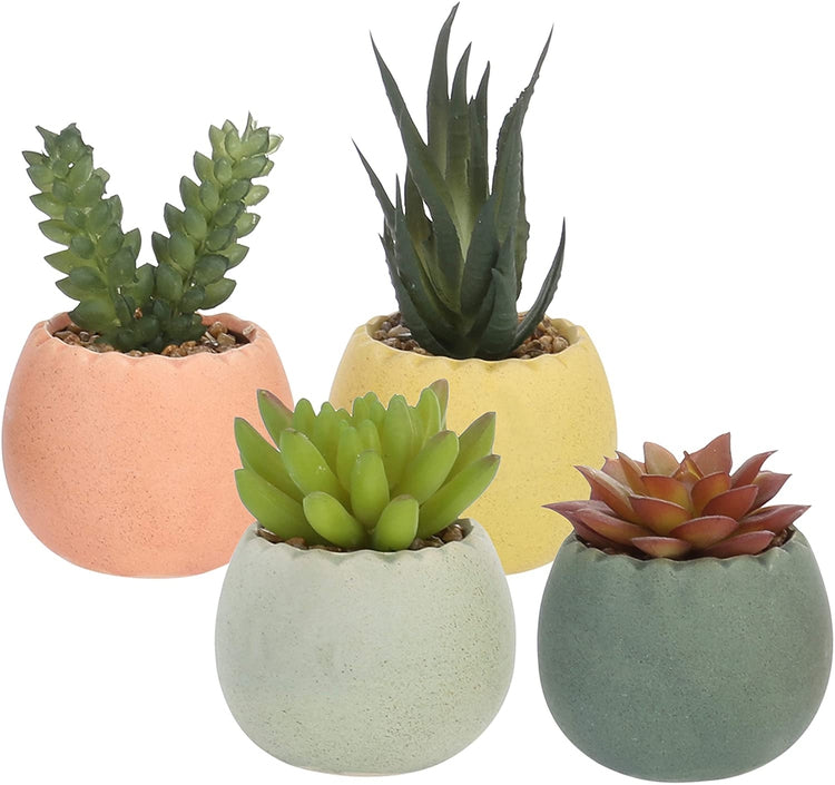 Set of 4, Assorted Mini Artificial Succulent Plants in Round Ceramic Multi-Colored Pots-MyGift