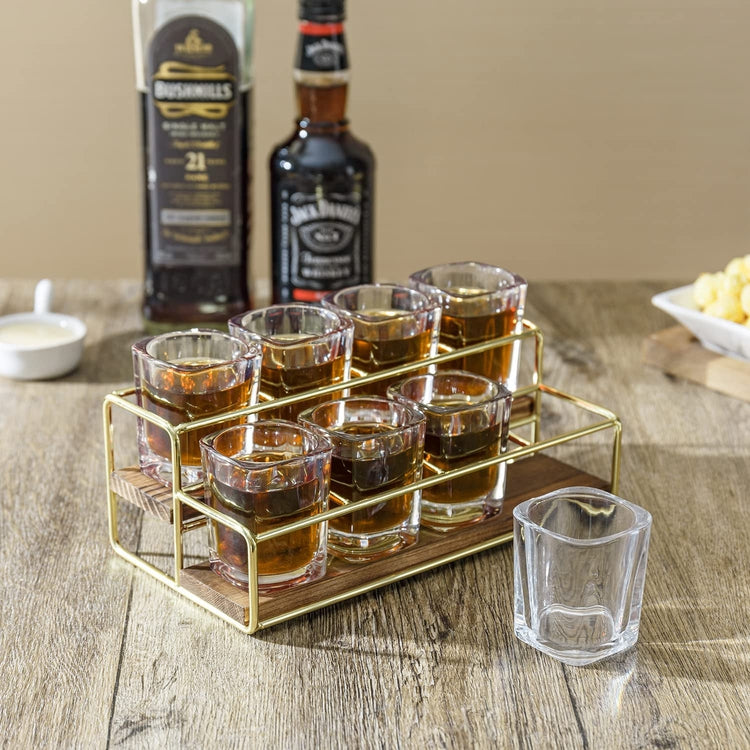 Whiskey Glasses Set of 6 with Serving Tray | Wooden Tray with Whiskey  Crystal Glasses | Rustic Wood Whiskey Server | Bar Glass Holder | Whiskey  Glass