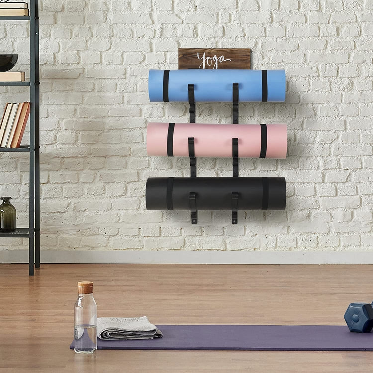 Wall Mounted Black Metal 3-Tier Yoga Mat Rack, Exercise Mat, Foam Roller  Holder with Burnt Wood yoga Sign