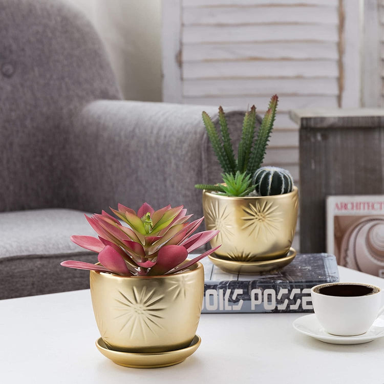 Set of 2 Metallic Brass Starbust Design Ceramic Planter with Attatched Saucers-MyGift