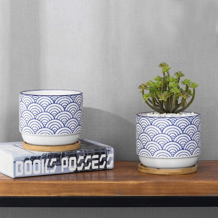 5 Inch Blue & White Japanese Style Wave Ceramic Planter with Removable Bamboo Tray, Set of 2