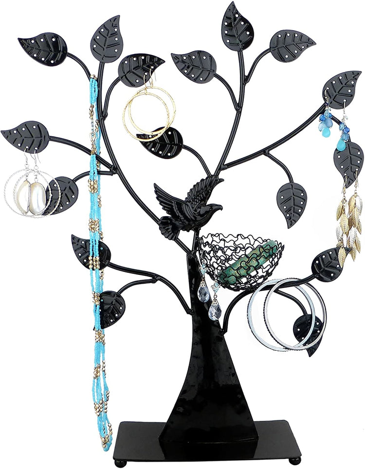 Black Tabletop Earring Holder and Jewelry Organizer, Tree Bird Nest Bracelet and Necklace Stand