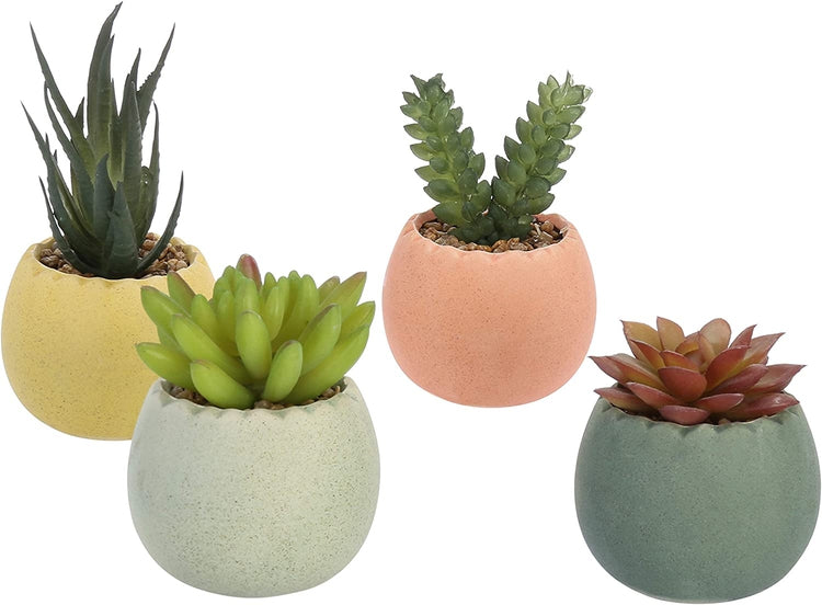 Set of 4, Assorted Mini Artificial Succulent Plants in Round Ceramic Multi-Colored Pots-MyGift