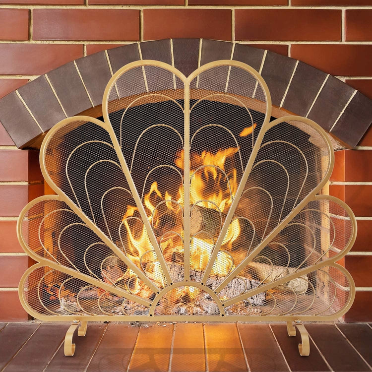 Brass-Tone Metal, Peacock Feather Shaped Fireplace Screen-MyGift