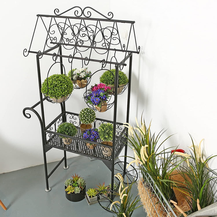 Black Metal Scrollwork Freestanding Trolley Cart, Plant Stand with 4 Hanging Flower Baskets-MyGift
