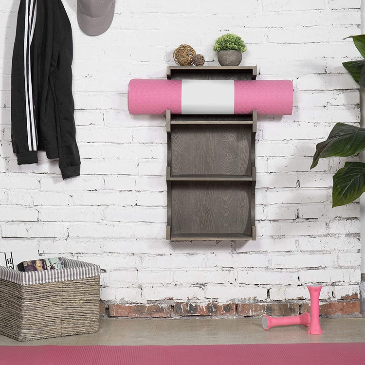 Wall-Mounted Vintage Gray Wood 3-Tier Yoga and Barre Mat Storage Rack –  MyGift