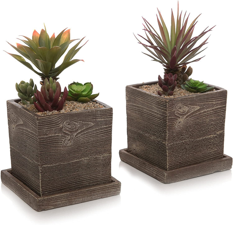 Set of 2 Brown Wood Textured Cement Planters, 5 x 5 inch Flower Pots with Removable Saucers-MyGift