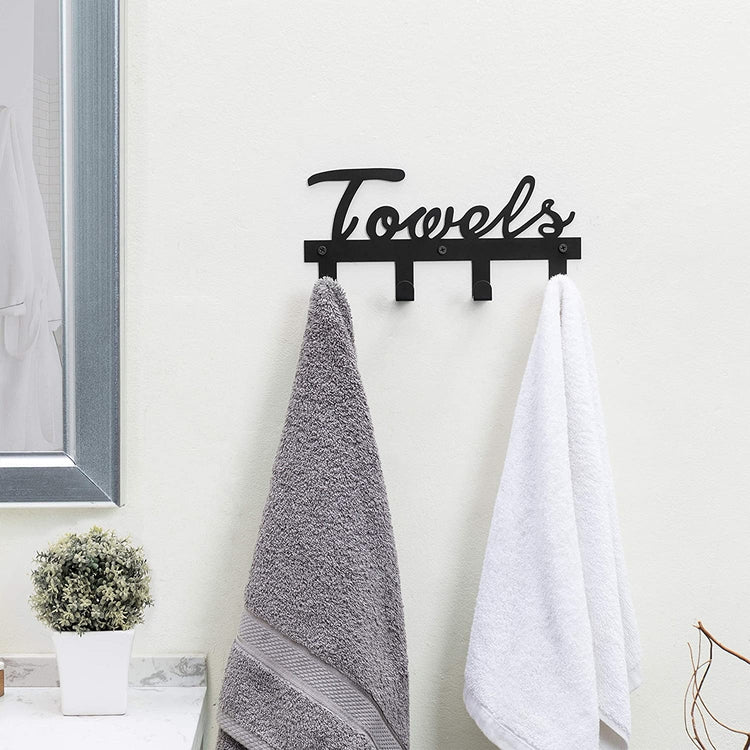 Black 10-Inch Metal Wall Mounted Hand Towel Rack with TOWELS Lettering and 4 Hooks