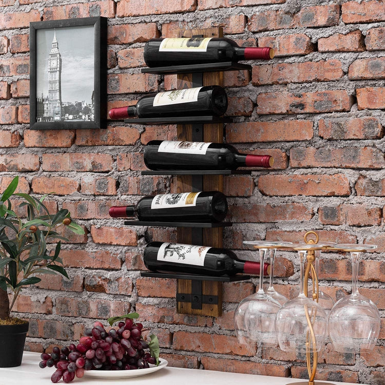 5 Tier Burnt Wood and Industrial Black Metal Wall Mounted Wine Display Rack-MyGift