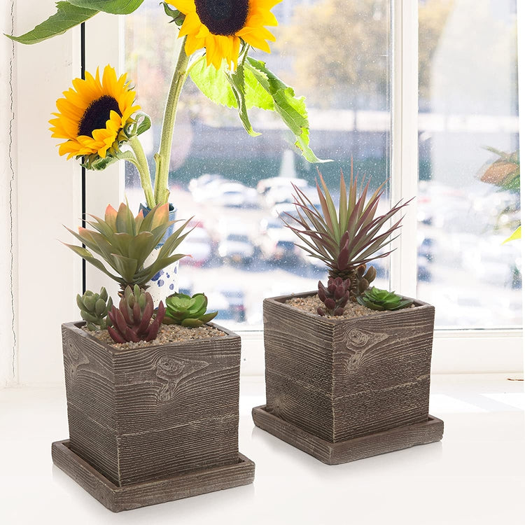 Brown Wood Textured Cement Square Planters, 5 x 5 inch Flower Pots with Removable Saucers, Set of 2