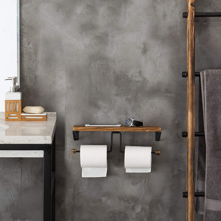 Black Metal Dual Toilet Paper Roll Holder with Gray Wood Storage