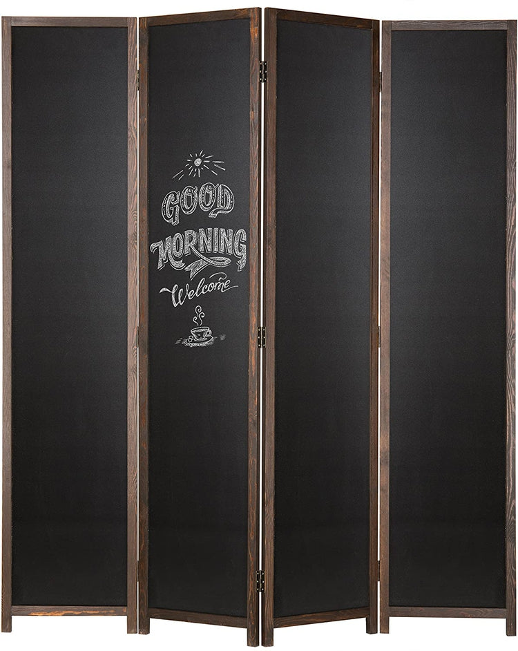 Dark Brown Wood 4-Panel Chalkboard Frame Room Divider w/ Dual-Hinges-MyGift