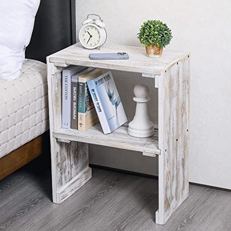 End Table with Storage Shelf,  Farmhouse Whitewashed Wood Home Decor Side Table