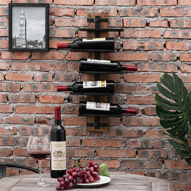 5 Tier Burnt Wood and Industrial Black Metal Wall Mounted Wine Display Rack