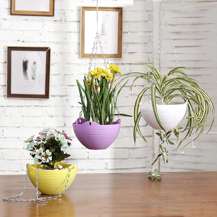 Colorful Self-Watering Hanging Planter Pots with Metal Chain, Set of 3