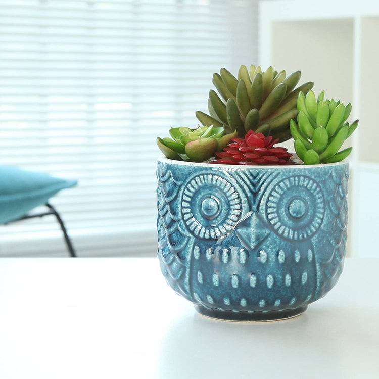 Blue Owl Shaped Succulent Ceramic Planter Pot Whimsical Cute Plant Container-MyGift