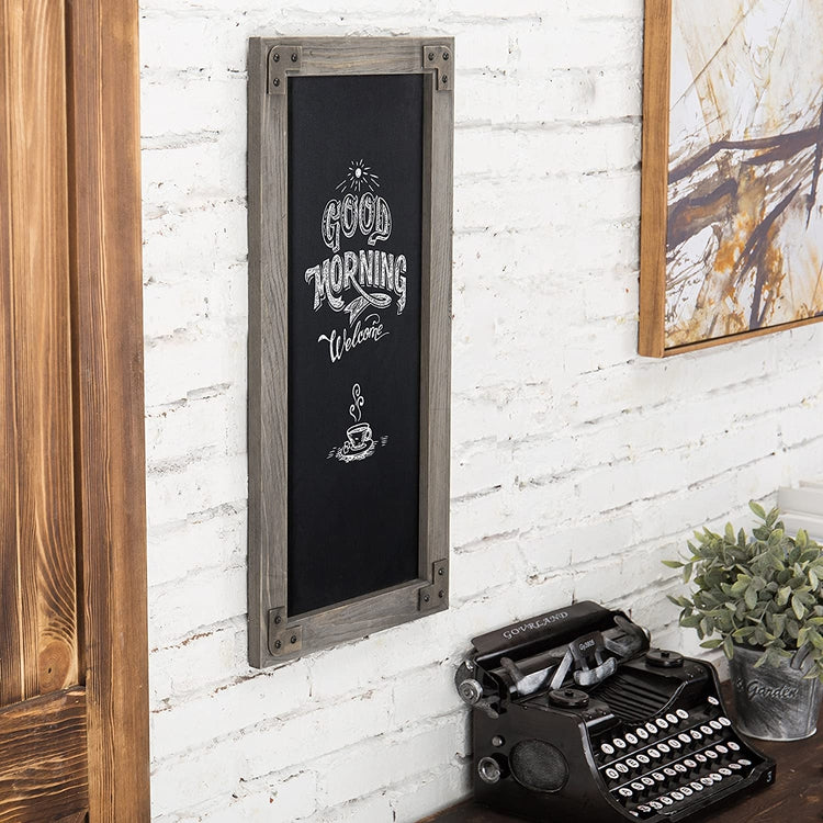 25-Inch, Rustic Wall-Mounted Chalkboard Sign with Gray Wood Frame-MyGift