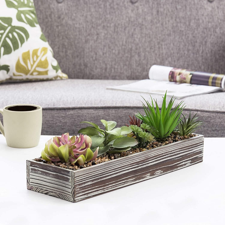 Assorted Artificial Fake Plant Arrangement in Rectangular Torched Wood Planter Pot