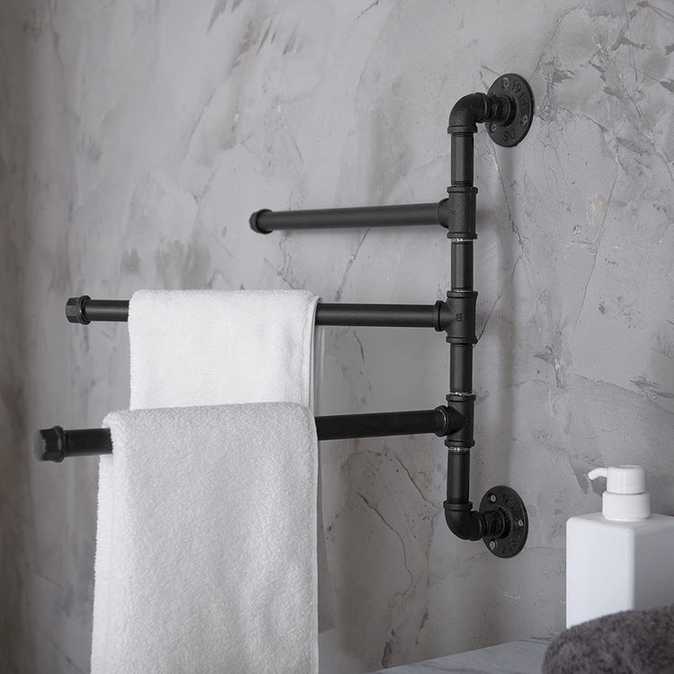 MyGift Wall-Mounted Industrial Pipe Design 3-Arm Swivel Towel Bar Rack, Black