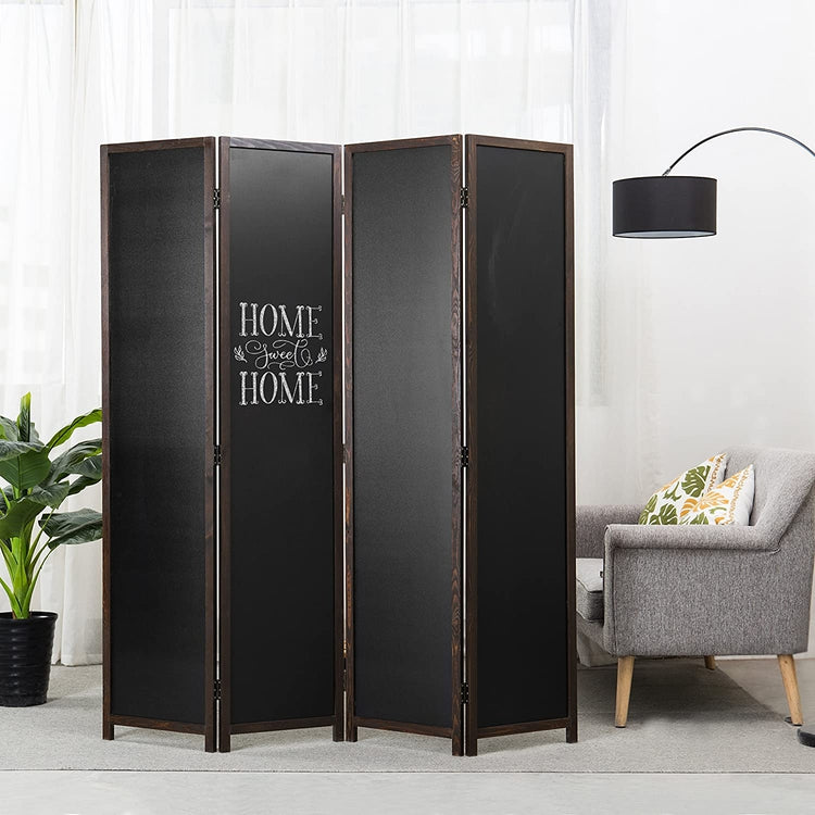 Dark Brown Wood 4-Panel Chalkboard Frame Room Divider w/ Dual-Hinges