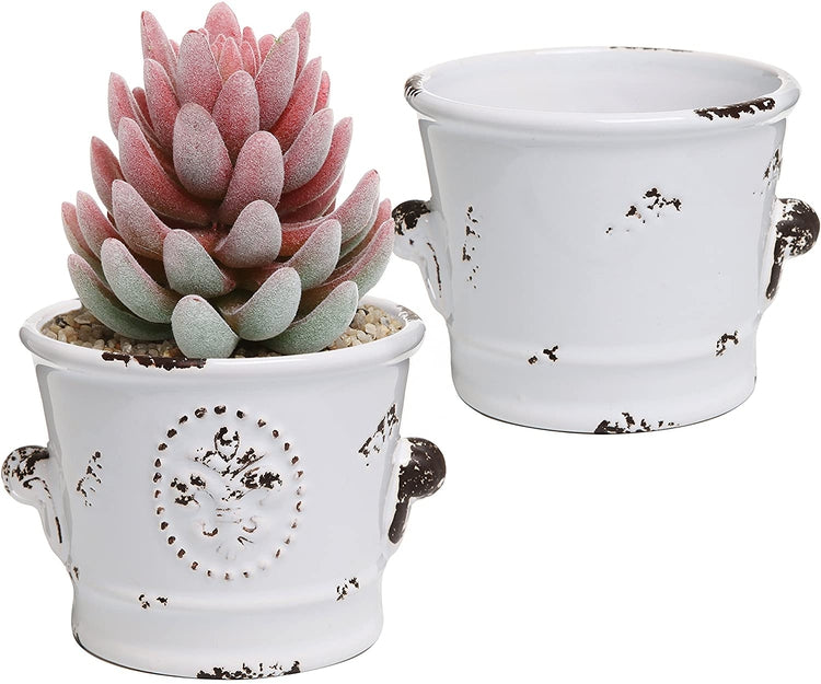 Rustic White Ceramic 4-Inch Round Succulent Planter Pots, Set of 2