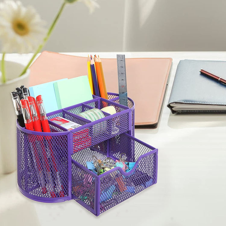 Purple Metal Wire, 8 Compartment Office Organizer, School Supply Caddy with Drawer