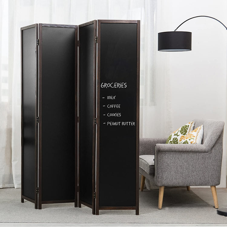 Dark Brown Wood 4-Panel Chalkboard Frame Room Divider w/ Dual-Hinges-MyGift