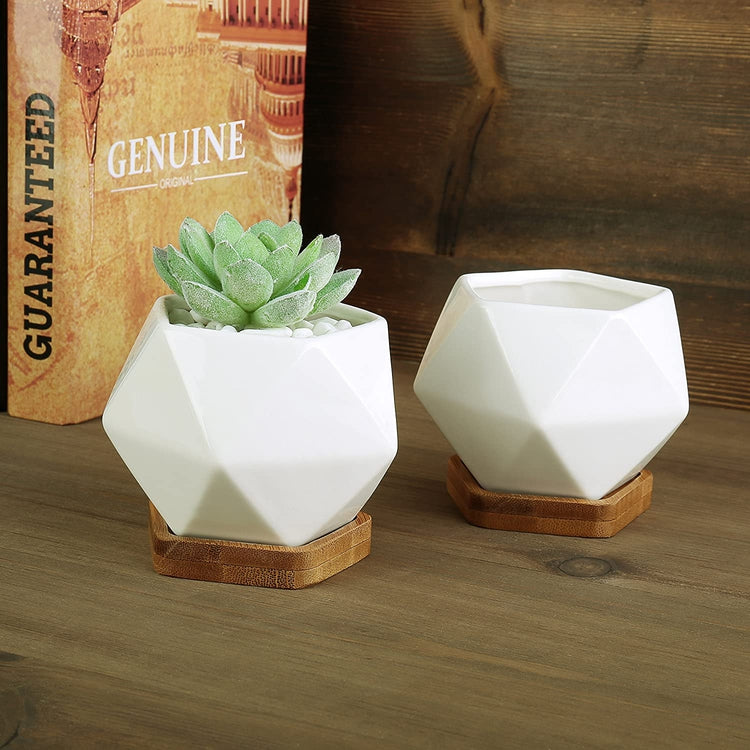 White Ceramic 3-Inch Geometric Mini Succulent Planters with Removable Bamboo Trays, Set of 3