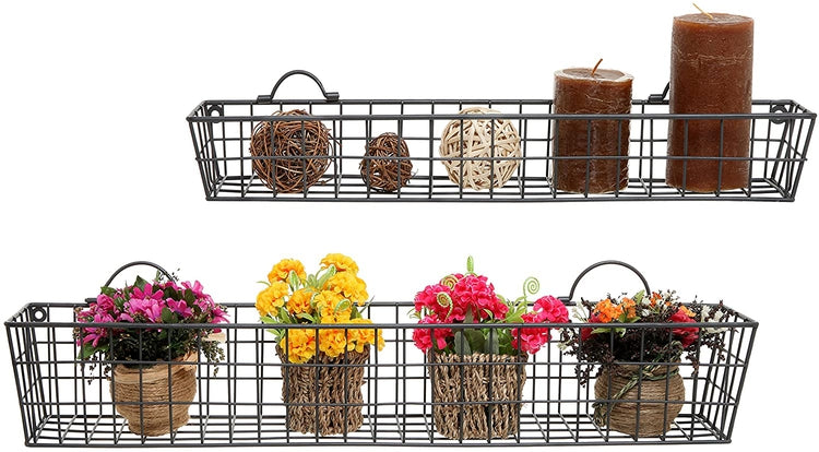 Wall Mounted or Tabletop Black Metal Wire and Burnt Wood Small Decorative Storage Baskets, Set of 2