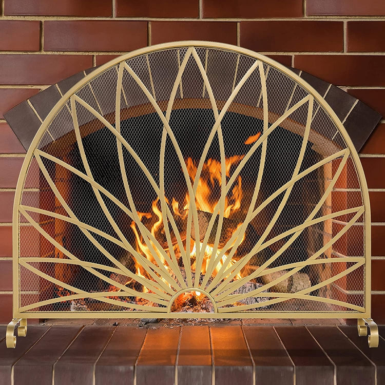 Art Deco Starburst Style Brass-Tone Metal Freestanding Fireplace Screen-MyGift