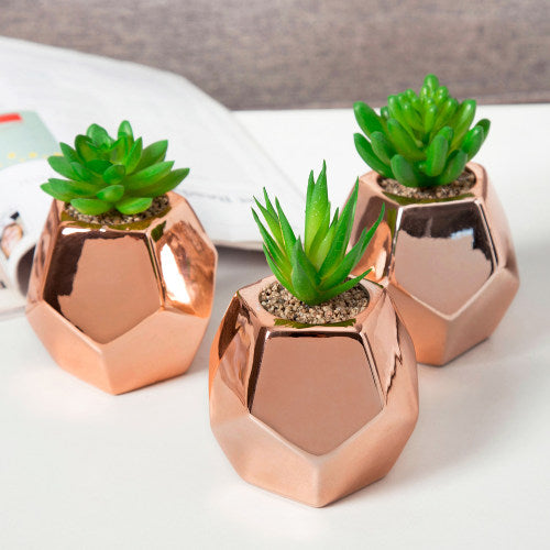 Artificial Succulents in Rose Gold-Tone Geometric Ceramic Pots, Set of 3