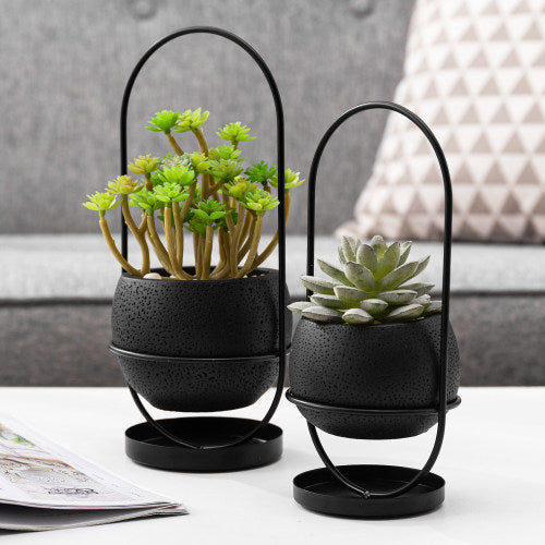 Black Concrete Succulent Planter w/ Matte Black Metal Wire Stand, Set of 2-MyGift