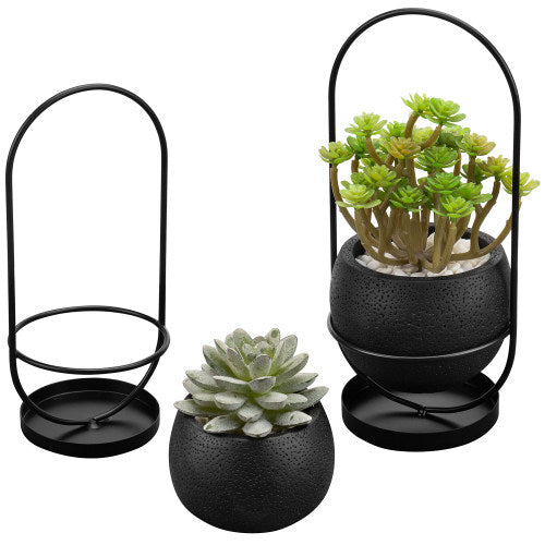 Black Concrete Succulent Planter w/ Matte Black Metal Wire Stand, Set of 2-MyGift