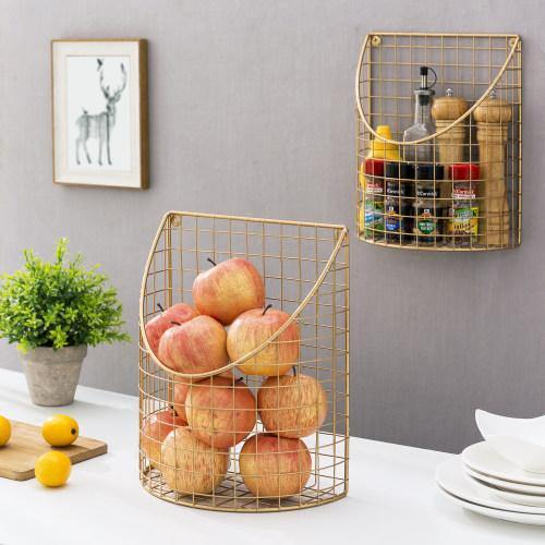 Brass Tone Metal Wire Storage Basket, Set of 2