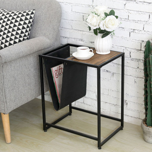 Black Metal & Burnt Wood Side Table w/ Black Leatherette Magazine Sling