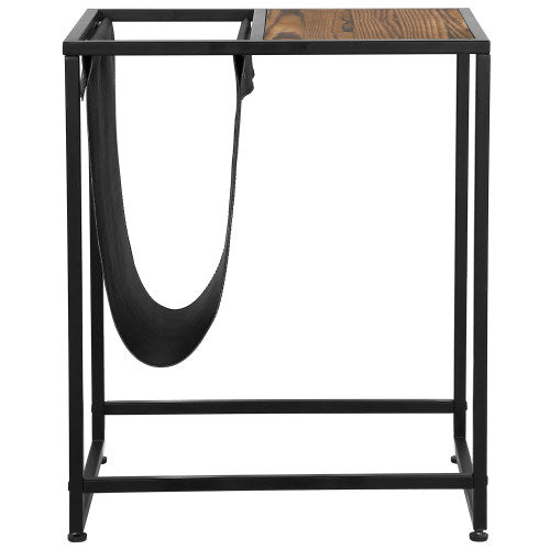 Black Metal & Burnt Wood Side Table w/ Black Leatherette Magazine Sling-MyGift