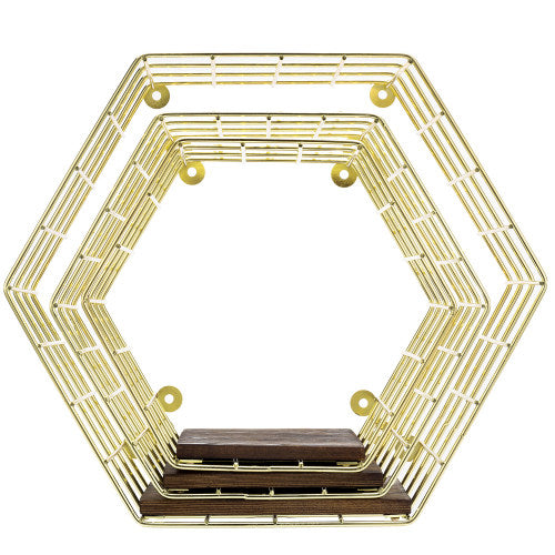 Brass Tone Metal Wire & Burnt Wood Hexagon Display Shelves, Set of 3-MyGift