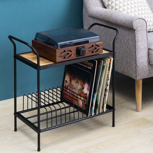 Brown & Metal Turntable Stand w/ Vinyl Record Holder