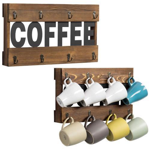 MyGift Wall-Mounted Burnt Wood 8 Hook Coffee Mug Hanging Racks, Set of 2