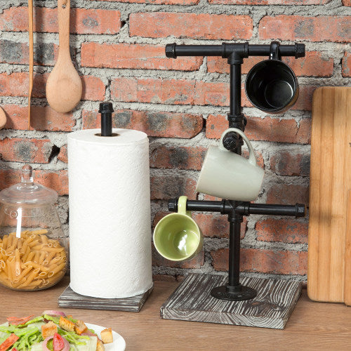 Rustic Black Industrial Metal Pipe & Torched Wood 2-Piece Set w/ Mug Rack & Paper Towel Holder-MyGift