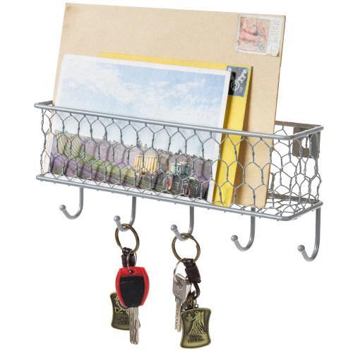 Silver Metal Mail Sorter with Chicken Wire Mesh Basket & Key Hooks - MyGift