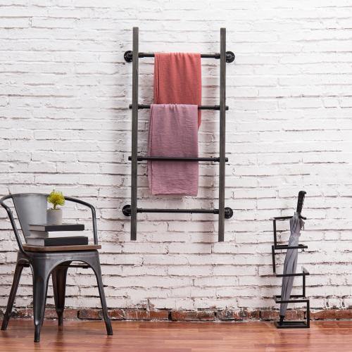 MyGift Vintage Grey Wood & Industrial Metal Pipe Wall Mounted Ladder Rack, 46 inch Towel Shelve, Size: One Size
