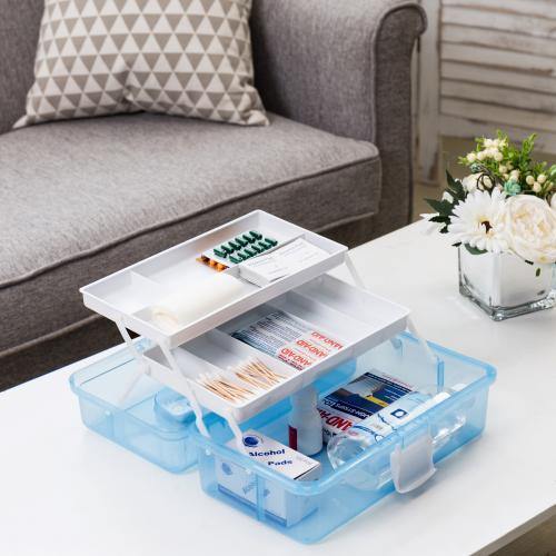 MyGift 13 inch Transparent Blue Plastic Empty Multipurpose Storage Box with Handle, Latching Lid and 2 Expandable Trays for Tools, First Aid, Sewing