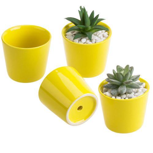 Small Yellow Ceramic Planter, Set of 4 - MyGift