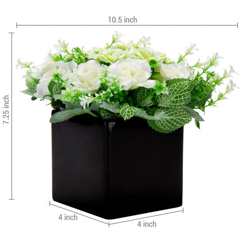 Faux Ivory Rose Floral Arrangement in Black Ceramic Vase-MyGift