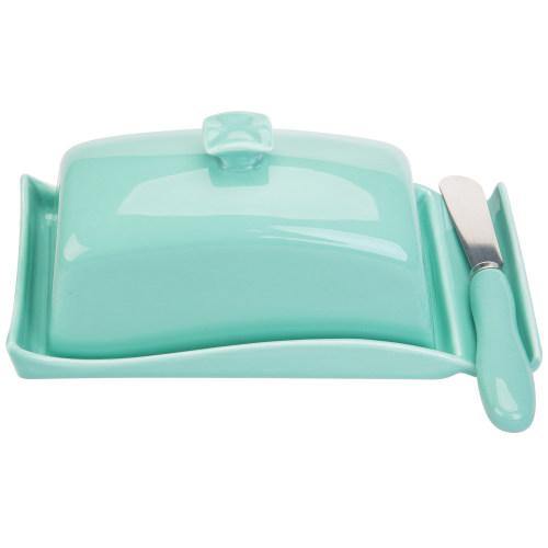 Aqua Ceramic Butter Dish w/ Cover and Knife - MyGift