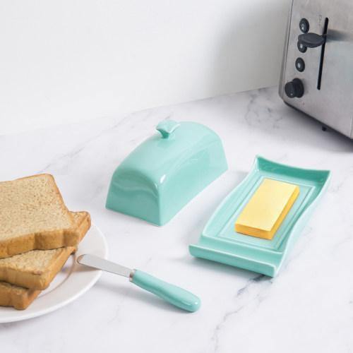 Aqua Ceramic Butter Dish w/ Cover and Knife