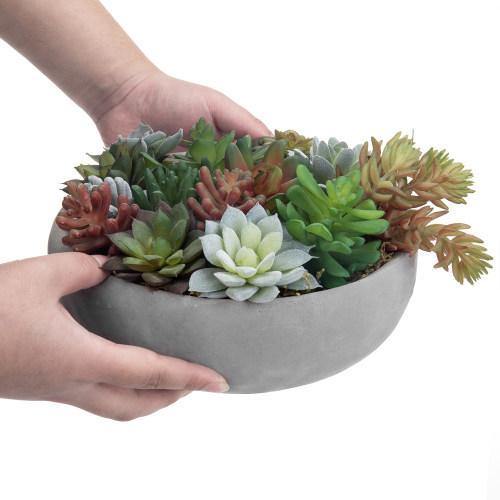 Artificial Assorted Succulent Arrangement in Round Gray Cement Planter Pot - MyGift