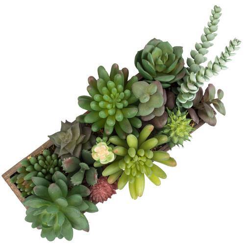 Artificial Succulent Arrangement in Rustic Dark Brown Wood Planter - MyGift